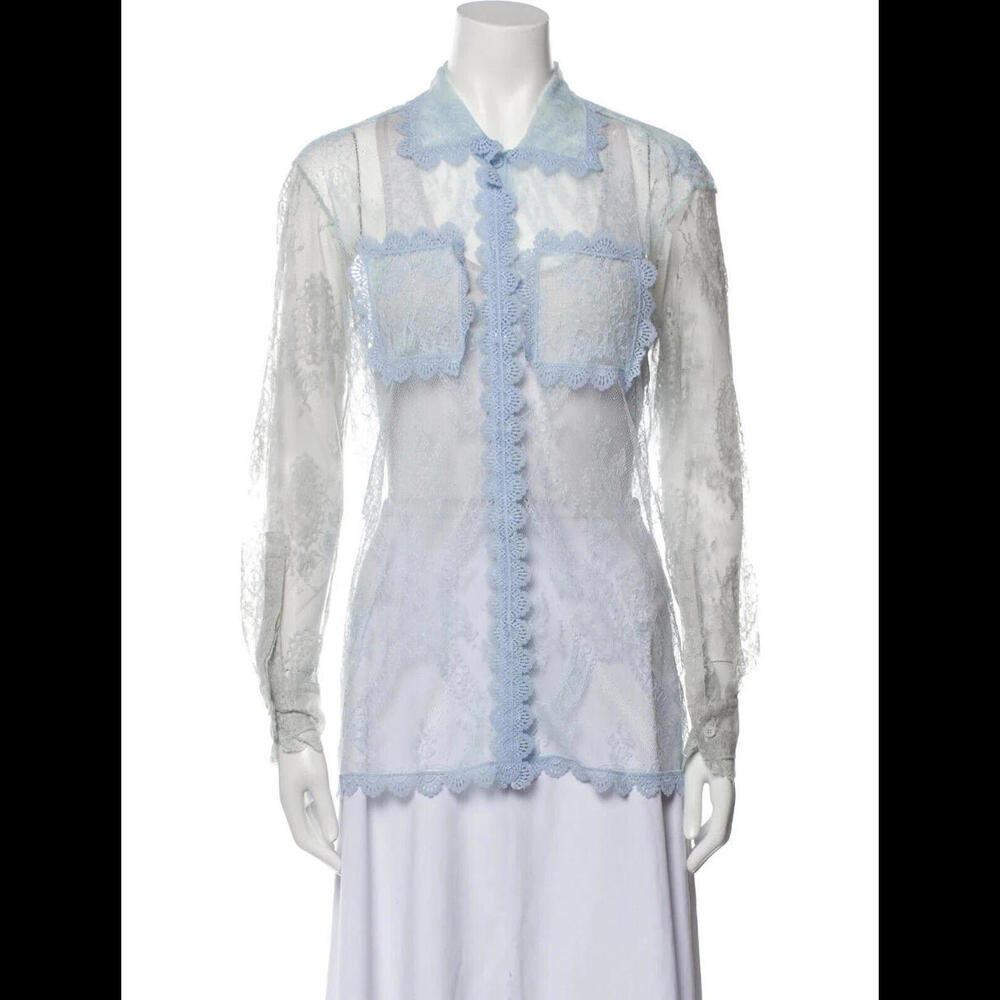 NWT $2790 BURBERRY Women's Sz IT 40 US 6 Pale Blue Lace Long Sleeve Shirt